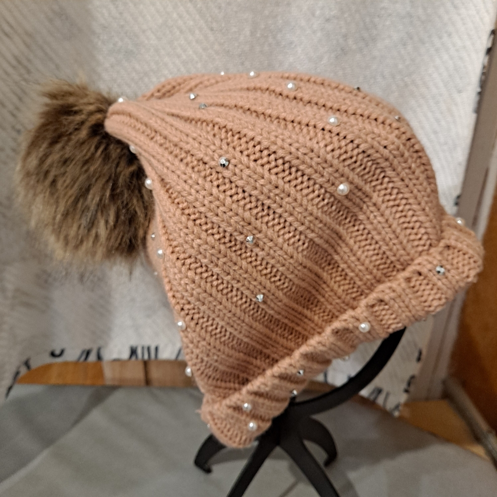 Falls Creek Blush Pink Knit Hat with Faux Fur Pom and Pearls